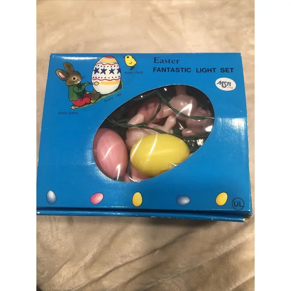 Vintage Blow‎ Mold String Light Set Easter Bunny Rabbit Egg (10) Works Taiwan